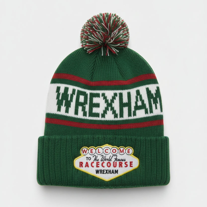 Green beanie with 'Wrexham' text and racecourse logo on a white background